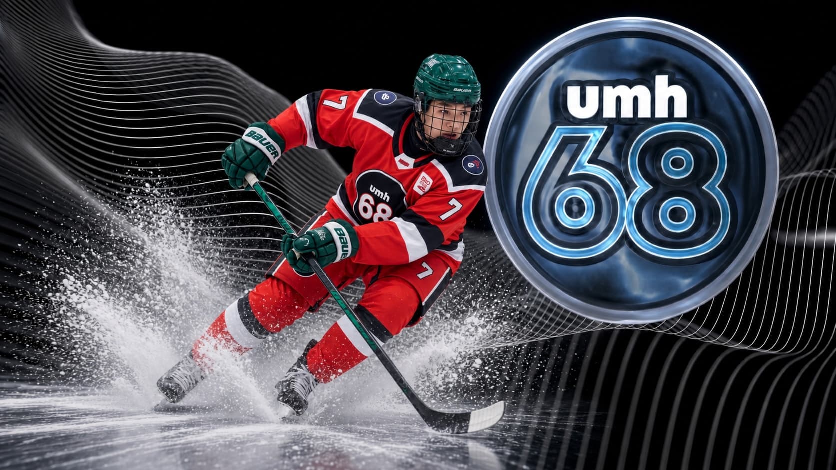 Hockey player in red with a green helmet beside the UMH-68 badge