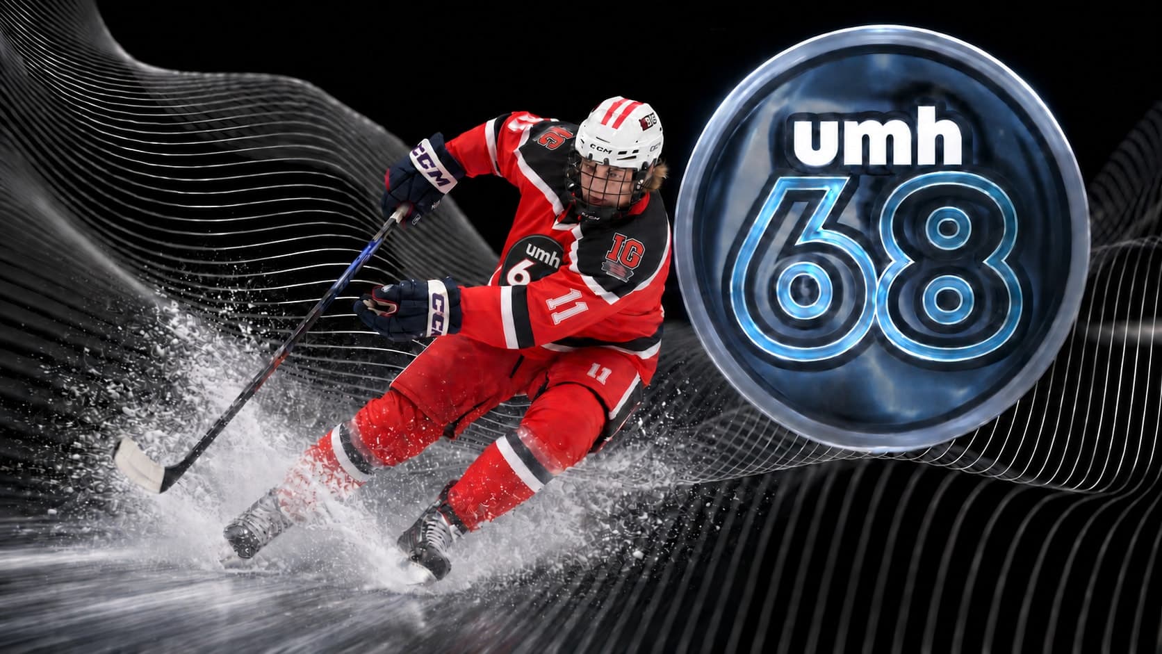 Hockey player in red with a white helmet beside the UMH-68 badge