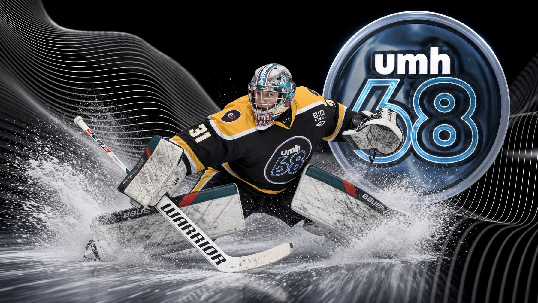 Goaltender in black and gold beside the UMH-68 badge